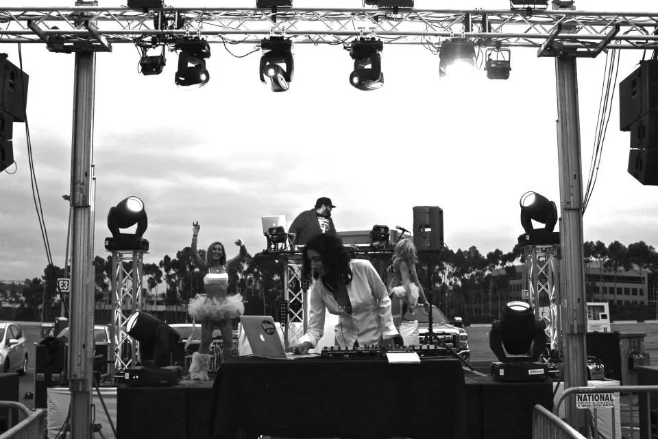 Festival stage, black and white