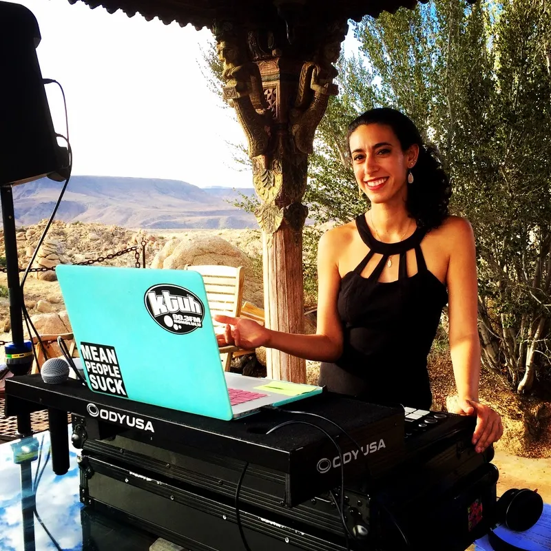 Merav at the decks at a desert wedding
